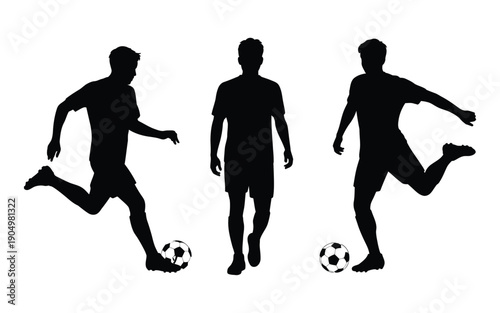 Three soccer players in dynamic action poses with a ball each isolated on white background, Vector, illustration