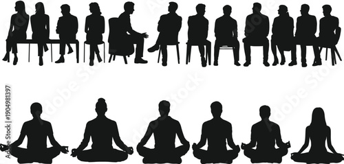 Contrast of seated and meditative postures in a diverse group of people isolated on white background, Vector, illustration
