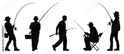 Five distinct styles of fishing techniques and postures depicted in silhouette form isolated on white background, Vector, illustration