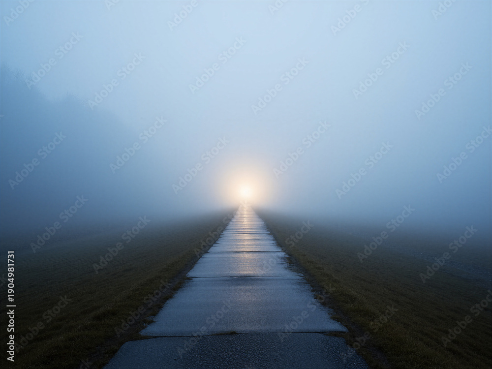 Obraz premium Ein schmaler Pfad führt in dichten Nebel mit sanftem Licht am Horizont. Das Motiv erzeugt Spannung, Erwartung und Offenheit.KI Generiert