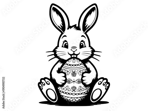 Ein Osterhase, der ein verziertes Ei hält, als geschlossenes Linienmotiv. Perfekt für Frühlings- und Osterdekorationen.KI Generiert