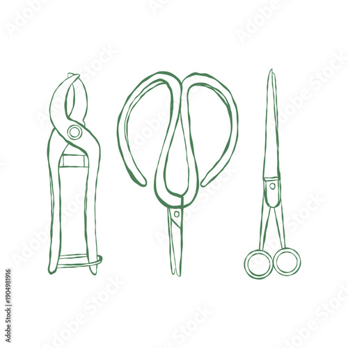 Set of gardening tools icons in doodle style, isolated on white background. Garden shears vector outline illustration.