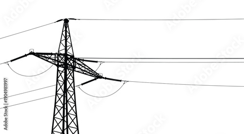 Power transmission tower with electrical lines extending into the distance isolated on white background, Vector, illustration