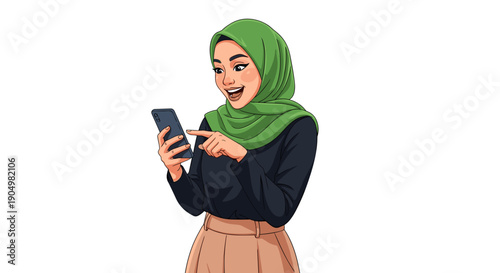 hijab of young Muslim woman in green hijab, black top, and tan skirt actively scrolling and interacting with her smartphone with a joyful expression.