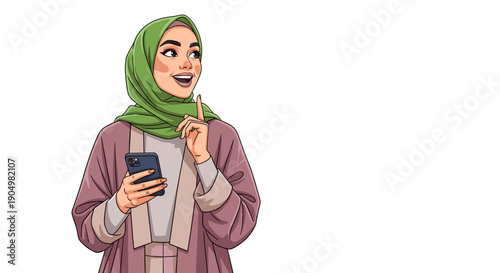 hijab of excited young Muslim woman in green holding a smartphone and pointing upwards, expressing an idea, discovery or looking at something interesting.