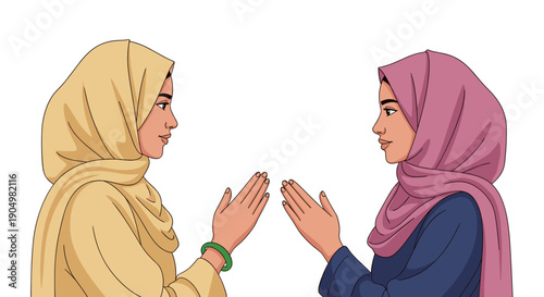 hijab of two Muslim women in colorful hijabs facing each other with hands in a traditional greeting or "Salaman" gesture, signifying respect or apology.