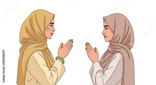 hijab of two Muslim women in traditional hijabs facing each other with hands in a respectful greeting or "Salaman" gesture, symbolizing cultural exchange.