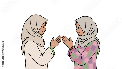 hijab of two Muslim women in soft-colored hijabs facing each other with hands in a gentle "Salaman" greeting, featuring a modern outline style.