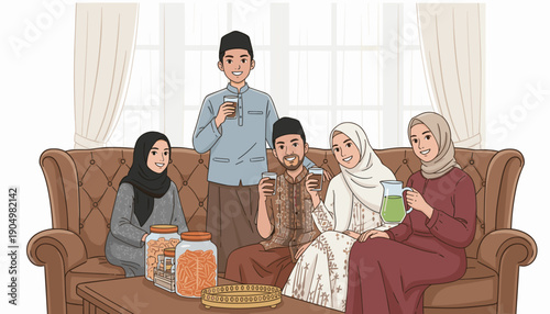 hijab of a joyful Muslim family seated on a sofa in a bright living room, sharing drinks and snacks, depicting warmth and togetherness.