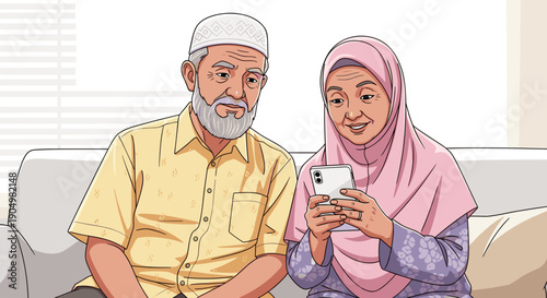 hijab of an elderly Muslim couple, with the woman in a pink hijab, happily looking at a smartphone together, sharing a modern moment.