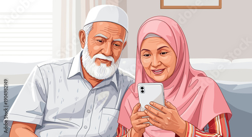 hijab of a cheerful elderly Muslim couple, the woman in a pink hijab, intently viewing content on a smartphone, embracing technology together.
