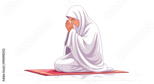 hijab of a devout Muslim woman in white prayer attire (telekung) kneeling on a prayer mat, performing Salah with deep reverence and peace.
