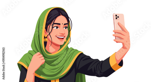 hijab of a joyful South Asian woman in a green dupatta taking a selfie with her smartphone, wearing traditional attire and jewelry.