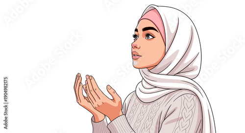 hijab of a spiritual Muslim woman in a soft pink and white hijab with hands raised in prayer, gazing upwards in deep reflection.