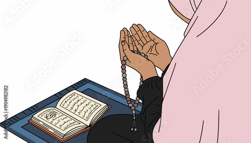 hijab of a Muslim woman in a pink hijab kneeling on a prayer mat, holding prayer beads with an open Quran nearby, engaged in devout prayer.