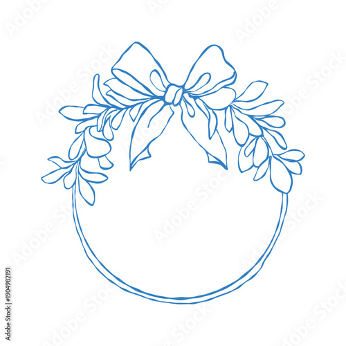Outline frame with spring botanicals and a bow. A hand-drawn floral summer wreath. A flirty decoration for a wedding, holiday, or Easter invitation. A whimsical frame. Vector illustration.