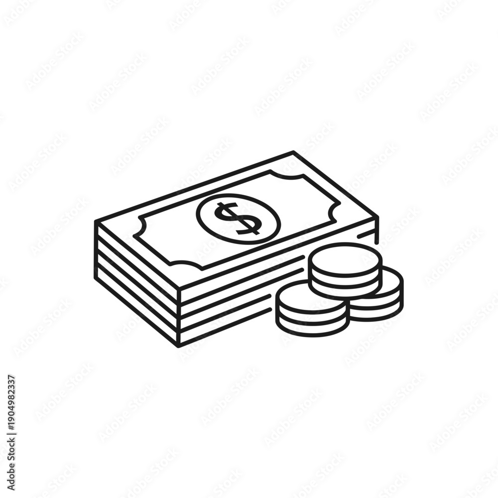 Fototapeta premium Cash Money Outline Line Icon on White Background