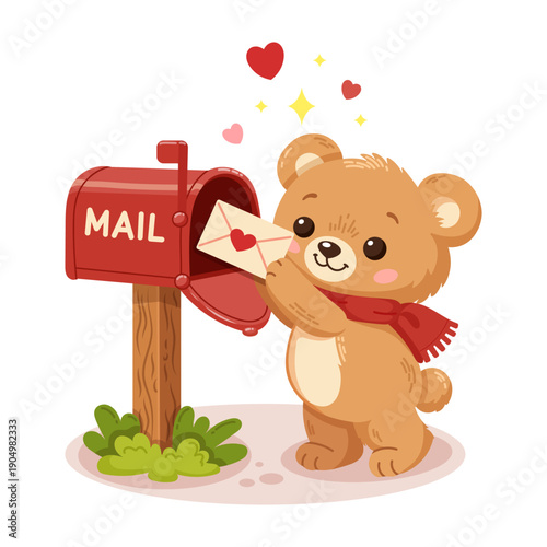Valentine themed illustration of a teddy bear sends love letter into mailbox 