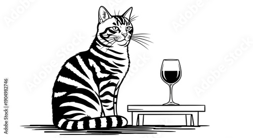 A curious cat sitting beside a table with a glass of wine, viewed from the side in a simple illustration