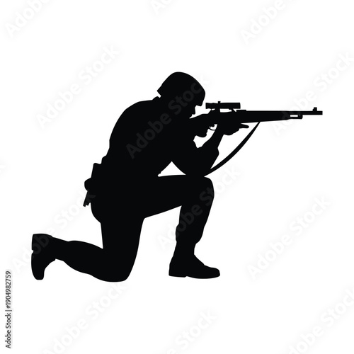 Sniper in a prone position aiming with a rifle isolated on white background, Vector, illustration
