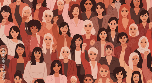 Diverse group of women gathered together in a vibrant illustration of unity and solidarity from a top-down viewpoint