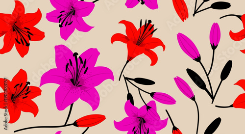 Vibrant floral pattern featuring stylized flowers and leaves in a repeating design from a top-down viewpoint