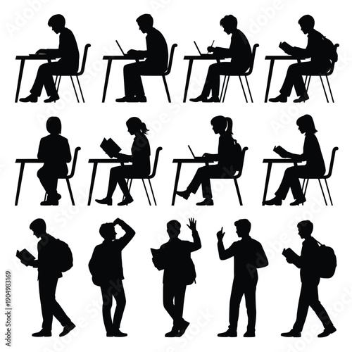 Silhouettes of people engaged in various sitting and standing activities with mobile devices. isolated on white background, Vector, illustration