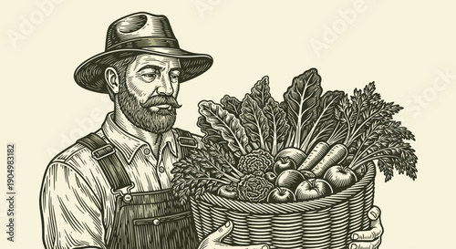 Farmer holding a basket full of fresh vegetables from his garden
