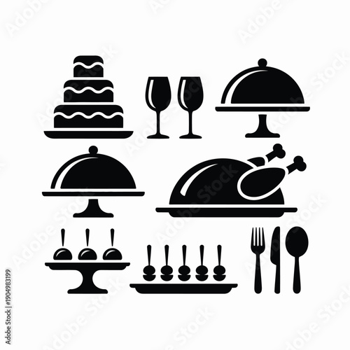 Iconic black and white illustration of classic holiday and dining symbols isolated on white background, Vector, illustration