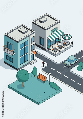 Isometric View of Buildings and Street Scene.