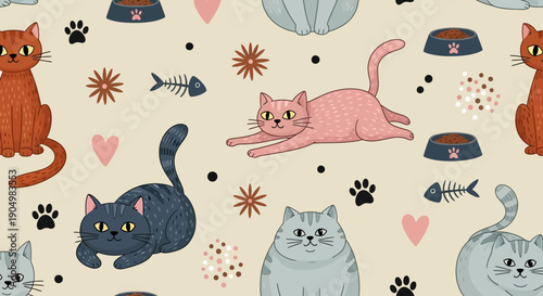 Whimsical illustration of cats and pet accessories scattered across a soft, playful background from a directly overhead viewpoint