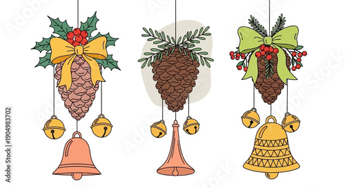Decorative pine cones and bells hanging from strings, adorned with ribbons and holly, showcasing festive holiday decorations from a frontal viewpoint