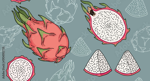 Assorted dragon fruit illustrations showcasing sliced and whole fruit on a gray background from a top-down viewpoint