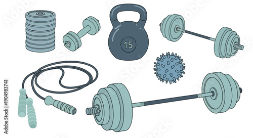 Assorted fitness equipment including dumbbells, kettlebell, and jump rope arranged neatly on a plain background from a straightforward viewpoint