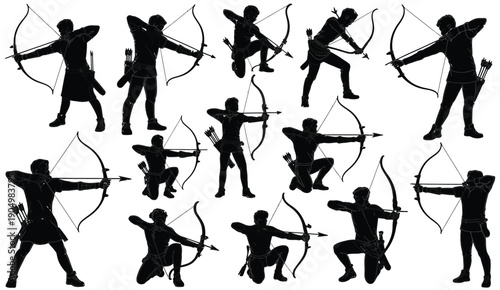 Silhouette collection of archers demonstrating various shooting stances and techniques isolated on white background, Vector, illustration