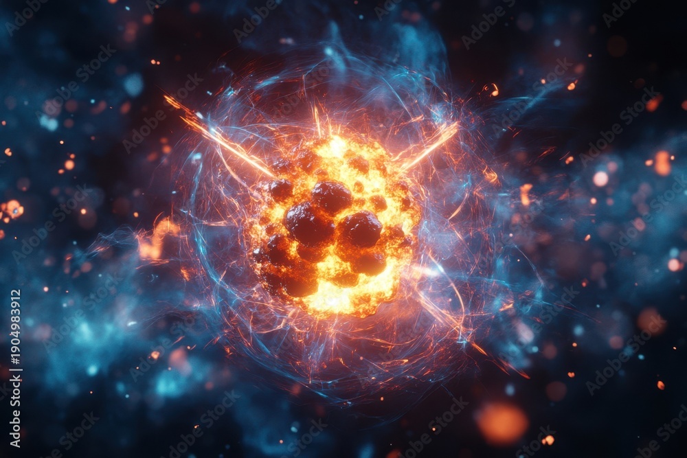 Fototapeta premium Vibrant explosion of energy in a cosmic backdrop depicting atomic activity