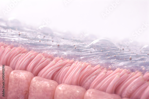 Photorealistic 3D visualization of the human oropharynx and upper throat showing mild phlegm buildup: a thin translucent mucus film and a few subtle stringy strands on the posterior pharyngeal wall