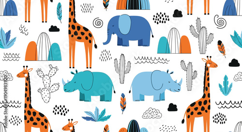 Vibrant cartoon animals and plants pattern featuring giraffes and elephants in a whimsical savannah landscape illustration