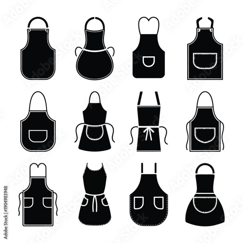 Diverse collection of stylish black and white apron designs for various professions isolated on white background, Vector, illustration