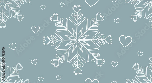 Delicate snowflakes and hearts pattern on a soft blue background, illustration, close-up view