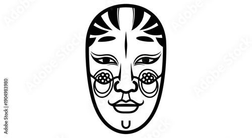 Illustration of a traditional cultural face mask viewed from the front, showcasing intricate designs and patterns