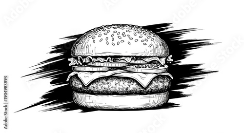 Detailed black and white illustration of a hamburger on a white background from a front viewpoint