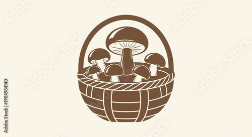 A basket filled with various types of mushrooms viewed from above in a simple illustration style