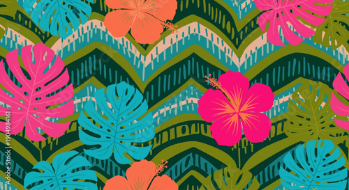 Vibrant tropical floral pattern featuring leaves and flowers in a zigzag arrangement