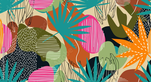 Vibrant tropical plants and leaves in a colorful illustration, viewed from directly above in a lush environment