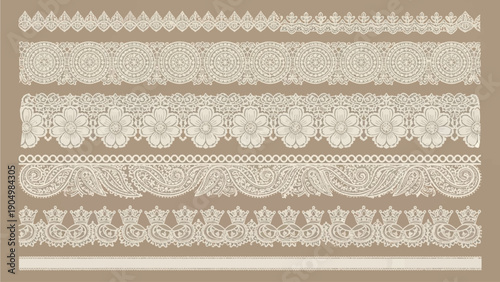 Intricate lace patterns and designs arranged horizontally on a neutral beige background from a direct viewpoint
