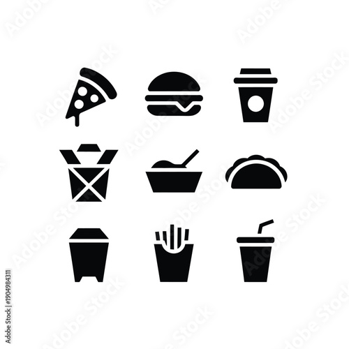 Collection of popular fast food and beverage icons displayed in a grid layout isolated on white background, Vector, illustration