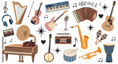 A collection of various musical instruments and accessories displayed together, showcasing different types of music equipment