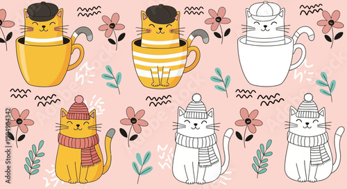 Whimsical cats and teacups adorned with hats and scarves in a floral pattern on a soft pastel background from a directly overhead viewpoint