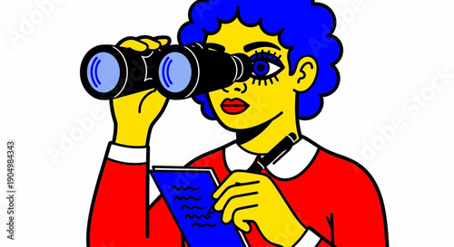 A young woman with curly hair looks through binoculars while holding a map, outdoors, from a slight upward angle